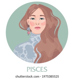 Illustration of Pisces astrological sign as a beautiful girls. Zodiac vector illustration isolated on white. Future telling, horoscope, alchemy, spirituality, occultism, fashion woman.