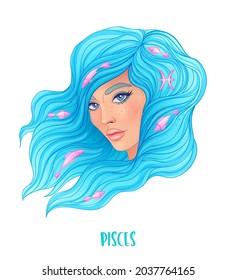 Ilustración de la señal astrológica de Pisces como una chica hermosa. Ilustración del vector zodiaco aislada en blanco. Futuro, horóscopo, alquimia, espiritualidad, ocultismo, mujer de la moda.