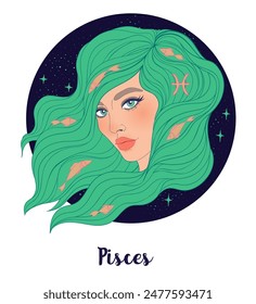 Illustration of Pisces astrological sign as a beautiful girl. Zodiac vector illustration isolated on white. Future telling, horoscope