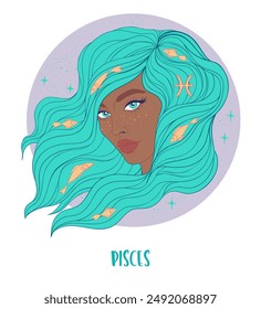 Illustration of Pisces astrological sign as a beautiful African American girl. Zodiac vector illustration isolated on white. Future telling, horoscope, fashion black woman.