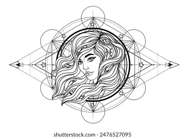 Illustration of Pisces astrology sign as a beautiful girl over sacred geometry frame. Zodiac vector drawing isolated in black and white. Future telling, horoscope, spirituality.