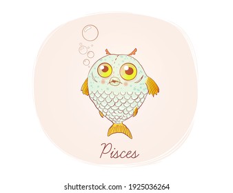 Illustration of Pisces in cartoon style. Zodiac vector illustration for kids. One of 12  in collection for your design of astrology calendar or horoscope