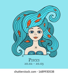 Illustration of Pisces zodiac sign. Vintage boho style. Element of Water. Beautiful Girl Portrait. One of 12 Women in Collection For Your Design of Astrology Calendar, Horoscope, Print. Vector