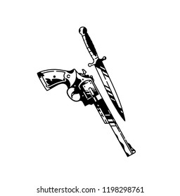 Illustration of a pistol and a knife. Vector. Cold and firearms. Hipster tattoo. The style of the old American school. Items isolated on white background. Outline drawing. Retro, vintage.