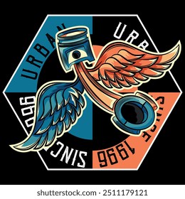 Illustration of a piston with wings in tattoo-style tones with texts in urban motorcycle and California style, background with urban and summer texture.