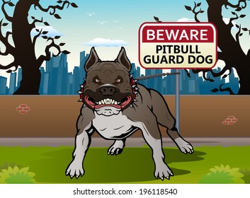 illustration of a Pit bull dog guard the yard on city background