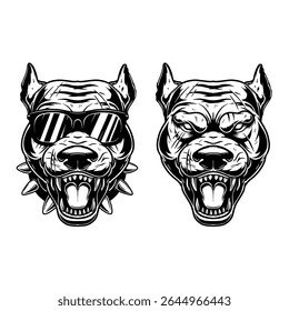 Ilustração de pitbull em estilos de gravação. Elemento de design para camiseta, emblema, distintivo. Ilustração vetorial