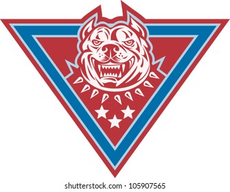 Illustration of a pitbull mongrel pet dog canine head viewed from front with stars set inside triangle done in retro style.