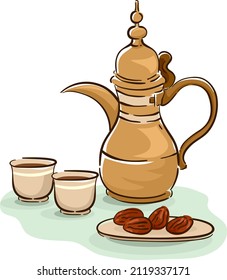 Illustration of Pitcher and Finjan Cup with Qahwa Coffee and Plate of Dates Fruit in Qatar