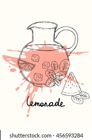 Illustration of a pitcher of fresh lemonade with watermelon