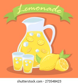 Illustration of a pitcher and a glass of fresh lemonade, and lemon fruit in red orange background with green label.