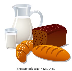 illustration of pitcher and glass with milk and bread