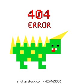 Illustration pixel art 8 bit for website page not found 404 error and colorful dinosaur isolated on white background / vector eps 10