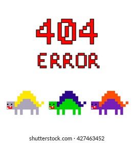 Illustration pixel art 8 bit for website page not found 404 error and three colorful dinosaurs isolated on white background / vector eps 10