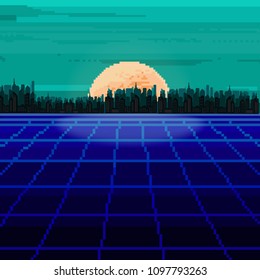 Illustration Of Pixel Art City. Pixel Art Background. 8 Bit.