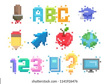 Illustration of Pixel Art Education Elements from Paintbrush, Pencil to Computer