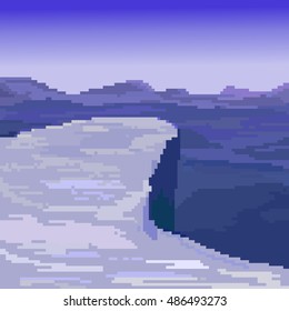 Illustration of pixel art iceberg. Vector of pixel art winter mountain.
