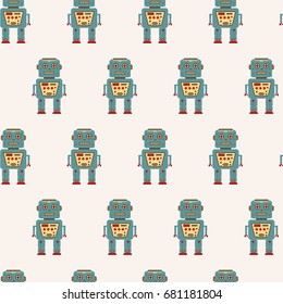 Illustration of pixel art vector robot. Seamless pattern. Retro cute robot