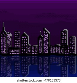 Illustration of pixel city. Vector of pixel city. Violet pixel city. Pixel town. City with river. Illustration of  violet city. Vector of pixel violet town.