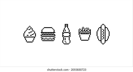 illustration pixel drawing of fast food icons (ice cream, burger, soda, fries and hot dog)