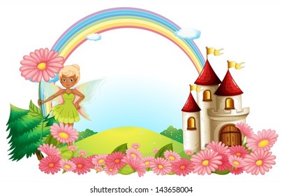Illustration of a pixie and a castle on a white background