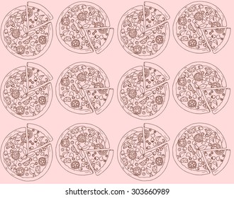Illustration of pizza. Background with pizzas. Seamless pattern.