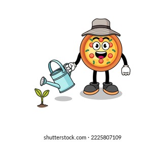 Illustration of pizza cartoon watering the plant , character design