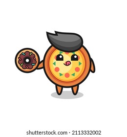 illustration of an pizza character eating a doughnut , cute style design for t shirt, sticker, logo element