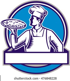 Illustration of a pizza chef baker holding serving pizza looking to the side set inside circle on isolated background done in retro woodcut style. 