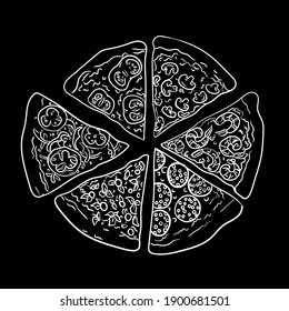 Illustration von Pizzadoodles auf gehobenem Papier. Pizzaskizze. Vektor-Lebensmittelzeichnung. nahtlose Käsepizzazeichnung. leckere Pizza mit Tomate, Salami, Käse und Oliven