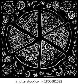 Illustration of pizza doodles on squared paper. pizza sketch. vector food draw. seamless cheese pizza drawing. tasty pizza with tomato, salami, cheese and olive