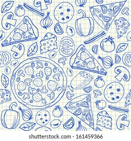 Illustration of pizza doodles, seamless pattern on squared paper. pizza sketch. vector food draw. seamless cheese pizza drawing. tasty pizza with tomato, salami, cheese, olive and bacon.