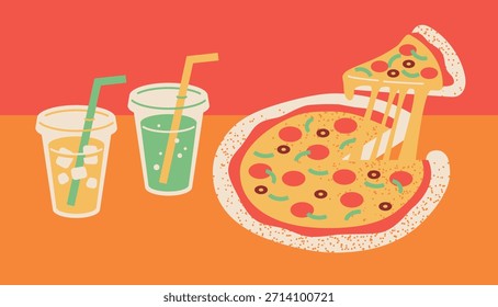 Illustration of pizza and drinks