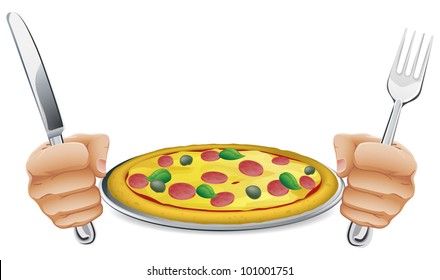 Illustration pizza and hands holding knife   fork