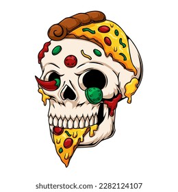 Illustration of pizza human skull character eating pizza