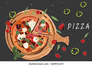 Illustration of Pizza and the ingredients for the pizza