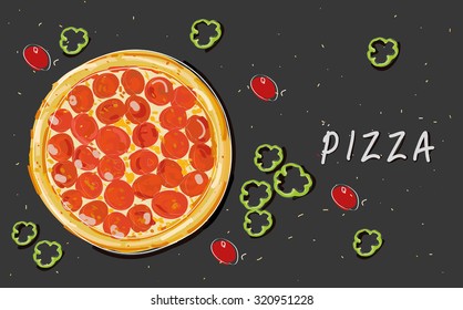 Illustration of Pizza and the ingredients for the pizza