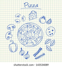 Illustration of pizza ink doodles on squared paper