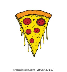 illustration of a pizza isolated on white background. pizza slice with salami melted cheese for pizzeria package and menu designs. Flat Vector illustration