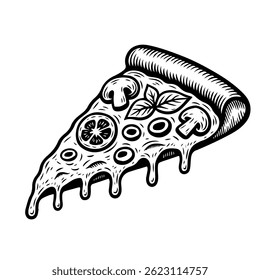 illustration of a pizza isolated on white background. pizza slice with salami,mushrooms, basil leaf and melted cheese for pizzeria package and menu designs. Flat Vector illustration.
