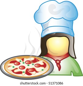 Illustration of a pizza maker icon with a pepperoni pizza. This icon is part of the food industry icon collection.