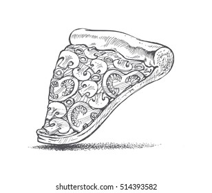 Illustration of pizza with mushrooms and tomatoes, Italian product, sketch pizza black ink on white background
