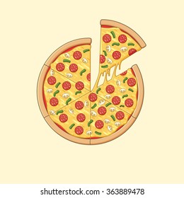 Illustration of pizza with pepperoni and mushroom