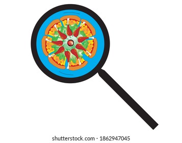 Illustration of pizza and roast chicken legs salad inside magnifying glass 