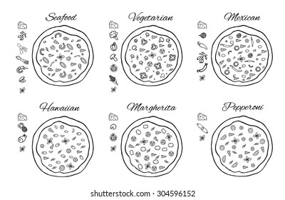 Illustration of pizza with a set of ingredients. Vector hand-drawn. For menus, boxes for fast food and other design