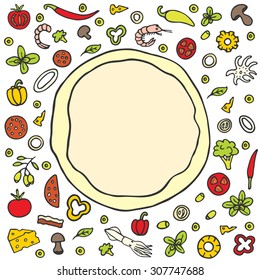 Illustration of pizza with a set of ingredients. Vector hand-drawn. For menus, boxes for fast food and other design