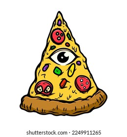 Illustration of pizza slice with eye. Design element for poster, card, banner, emblem, sign. Vector illustration