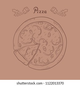 Illustration pizza with slice. Line art. Paprika, sausages