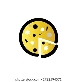 Illustration of a pizza with a slice missing. Pizza icon with toppings like mushrooms and olives. Pizza design in a simple, modern style. Pizza graphic on white background. Food vector illustration.