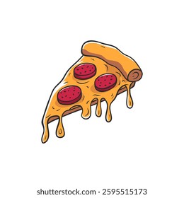 Illustration of a pizza slice with pepperoni, featuring a cartoonish style with melting cheese dripping from the crust